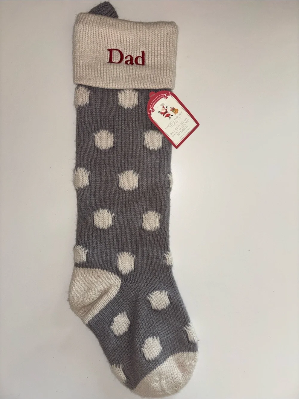 Pottery Barn Dad Embroidered Gray Polka Dot Stocking